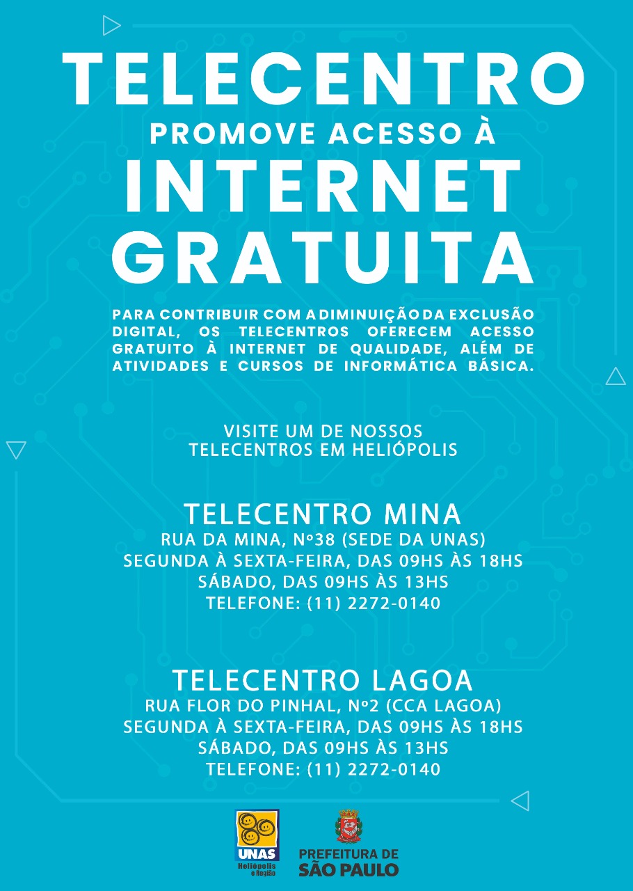 Telecentro Espaço de Inclusão Digital em Heliópolis são dois Telecentros Unas - Telecentro Acessa Unas Lagoa e Telecentro Acessa Unas Lagoa